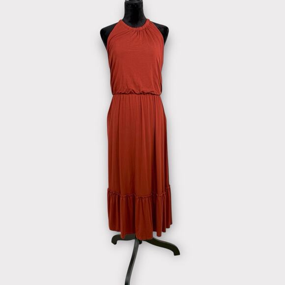 Rachel Zoe Midi Dress Sz L Terracotta Ruffle Tier Pockets Stretchy Resort Casual - Picture 1 of 7